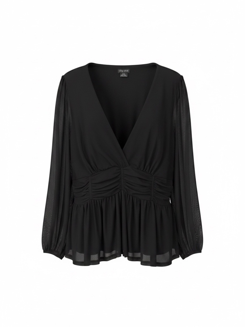 City Chic Black V-Neck Ruched Peplum Blouse